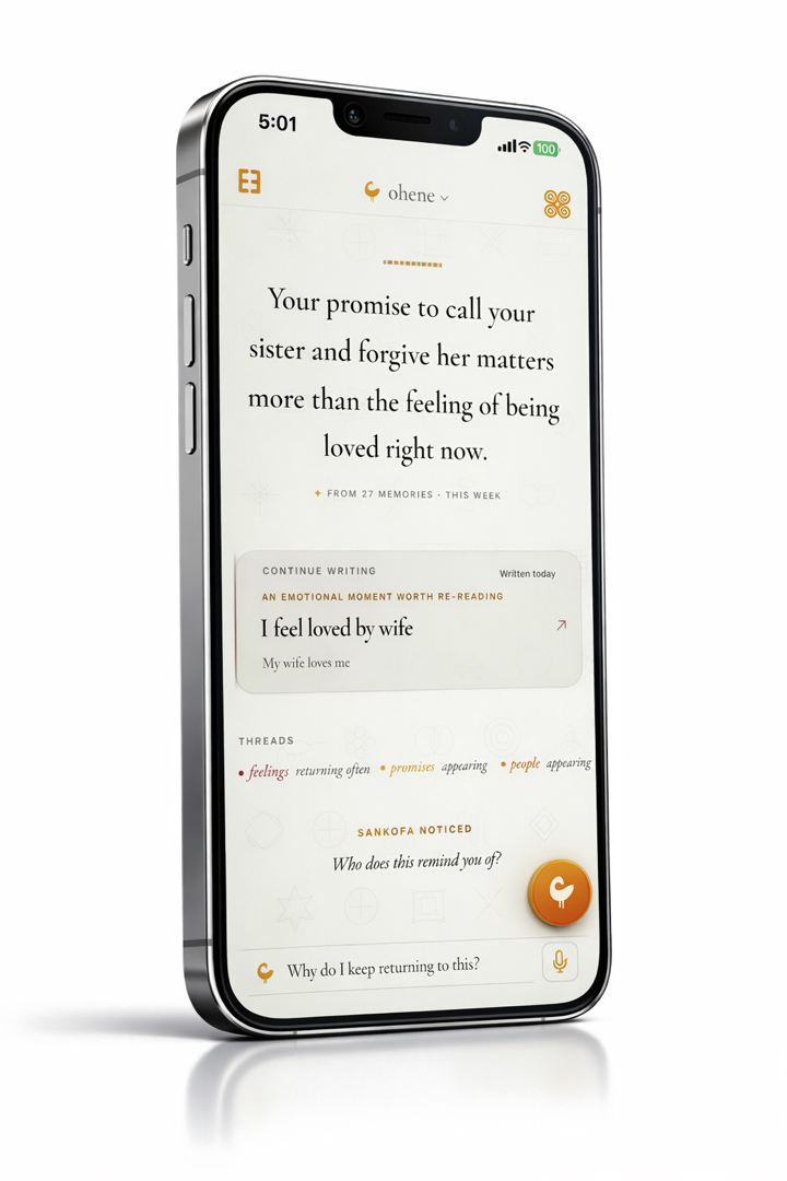 The Ohene home page. Sankofa surfaces an observation drawn from what the user has written.