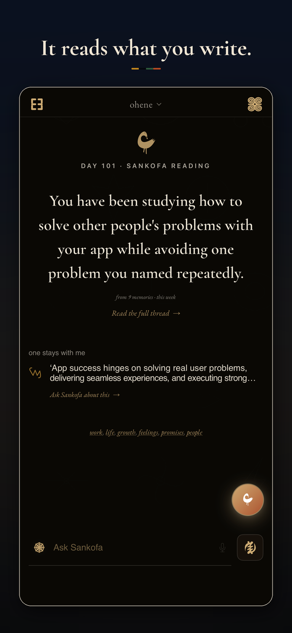 It reads what you write. The daily Sankofa reading, drawn from the user's own words.